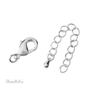 Замок-лобстер 15 мм с удлинителем, родий, 1 шт. (#SV1701-JS-13R)