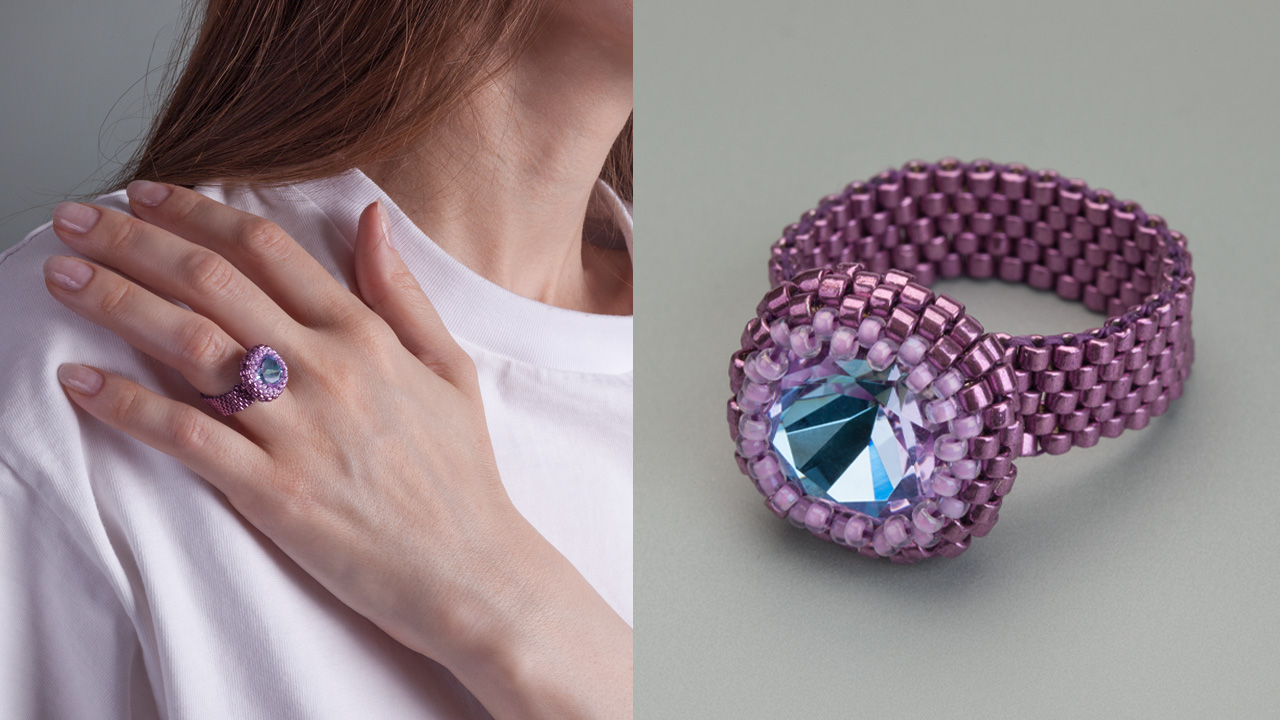 16.05 ⭐️ Кольцо с кристаллом: оплетение кушона Crystalbird 12 мм