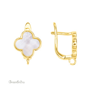 Швензы с английским замком "Клевер" 14 мм, перламутр, золото, пара (#SV1701-3061G)
