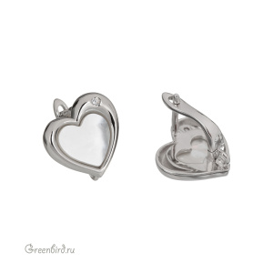 Швензы с английским замком "Сердце", родий, белый перламутр, пара (#SV1701-2251N)