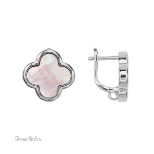 Швензы с английским замком "Клевер", перламутр, родий, пара (#SV1701-3055R)