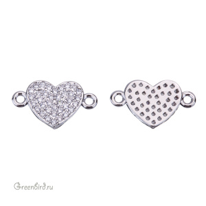 Коннектор с фианитами "Сердце", родий, 1 шт. (#SVA-FIAN-902R)