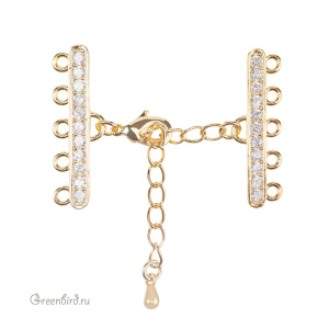 Замок-лобстер с удлинителем и коннекторами с фианитами, золото (#SVA-JF-03G)