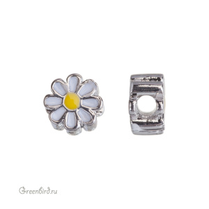Бусина с эмалью "Маргаритка", родий, 1 шт. (#SV1701-Bead-21)