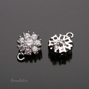 Коннектор-цветок с фианитами, родий, 1 шт. (9S285), Корея