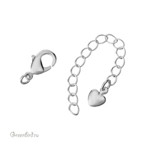 Замок-лобстер 10 мм с удлинителем "Сердечко", родий, 1 шт. (#SV1701-JS-15R)